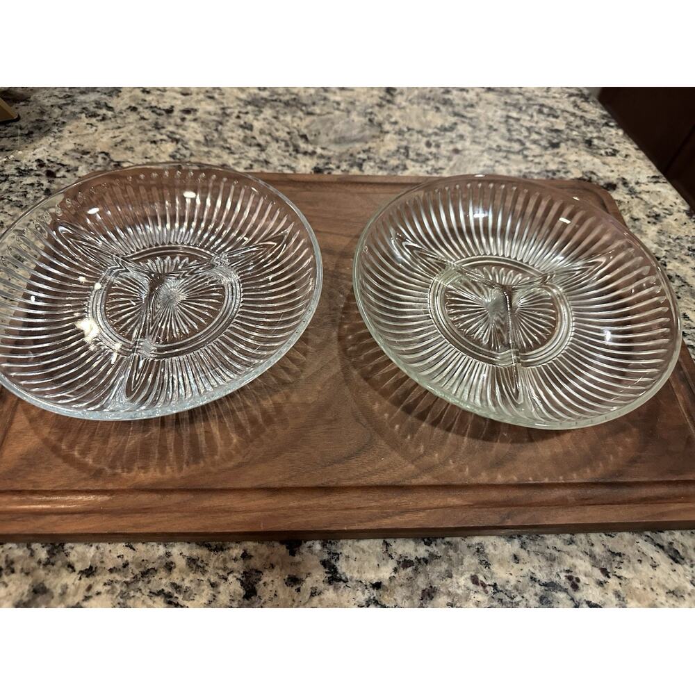 TWO KIG Indonesia Clear Glass Three Compartment Ribbed Nut Candy Dish